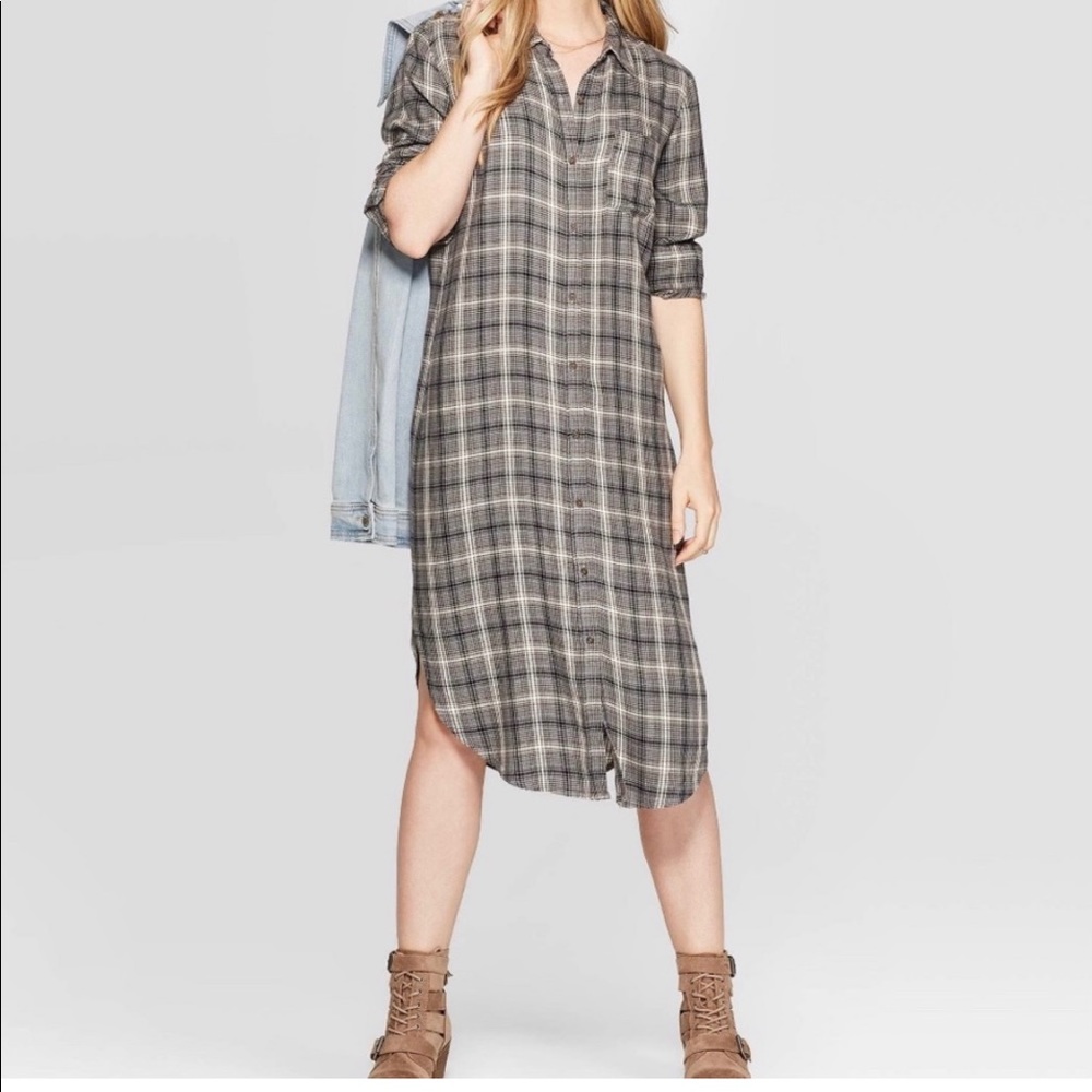 + Universal Thread Long Sleeve Plaid Button Up Collard Midi Dress NWT